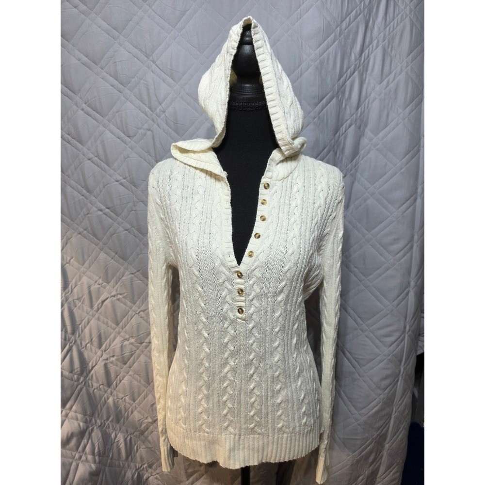 Aeropostale Womens Cream Cable Knit Henley Hoodie Sweater L V-Neck Long Sleeve